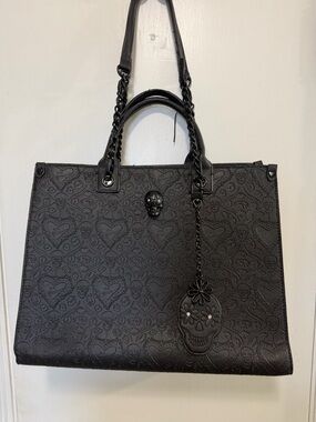 Betsey Johnson Black Embossed Skull Tote with Charm